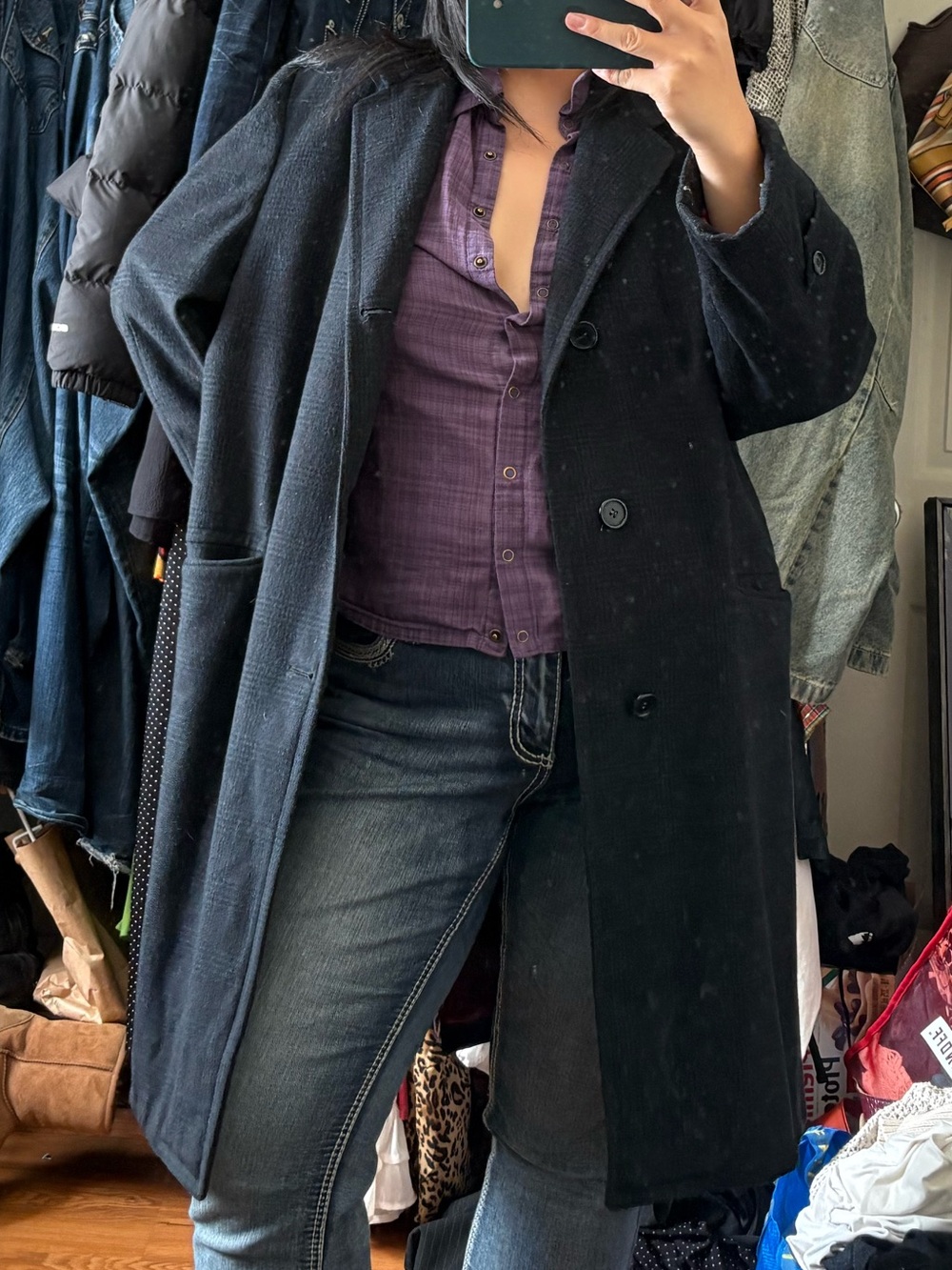 Womens Black Long Single-Breasted Coat